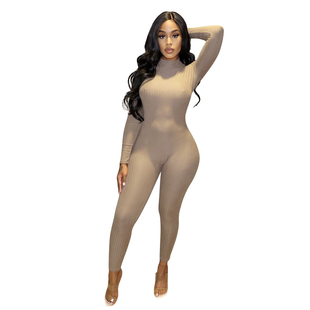 Figurbetonter Langarm-Jumpsuit für Damen – Reißverschluss, Knitted-Look